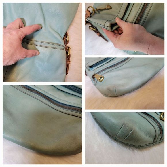 FOSSIL Explorer Flap Foldover Hobo Mint Green Teal Leather Slouch Shoulder Bag - Picture 11 of 12